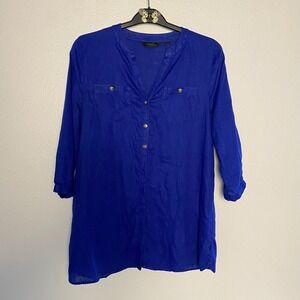 Investiments 100% Linen Womens Sz M Blue Shirt Tunic‎ Button Up